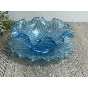 Vintage Blue Ruffled Edge Waffle Bowl & Saucer Colony Glass?